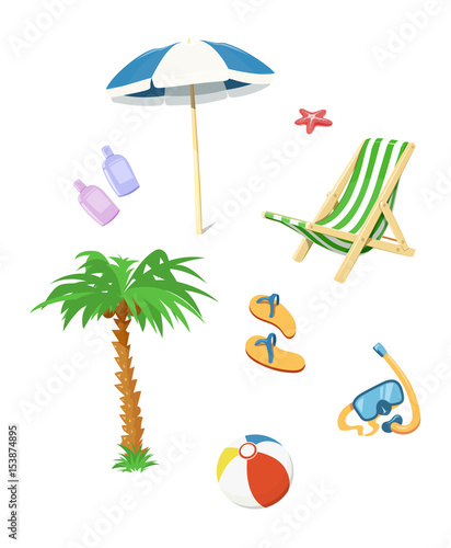 Summer time accessory. Flip flops, umbrella, chair, cream