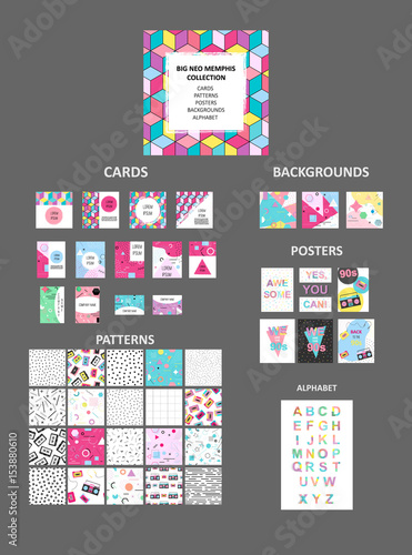 Big collection of cards, posters, pstterns, backgrounds and alphabet in neo memphis style.