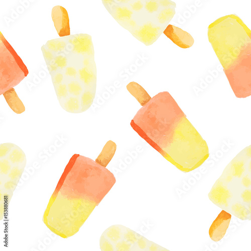 Seamless pattern with watercolor citrus popsicles on white background.