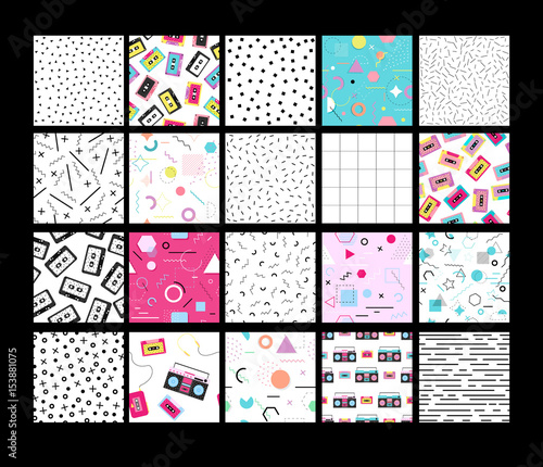 Set of 20 different neo memphis style seamless patterns.