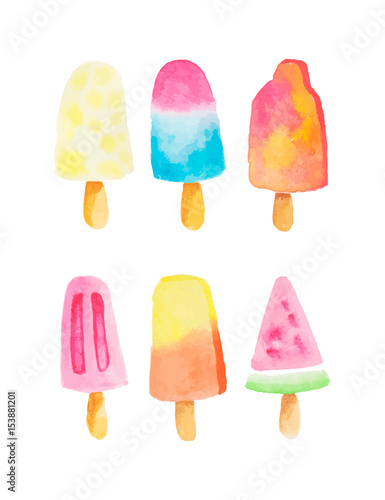 Set of 6 different watercolor popsicles isolated on white background.