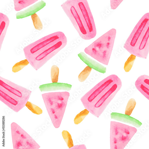 Seamless pattern with watercolor watermelon and strawberry popsicles on white backround.