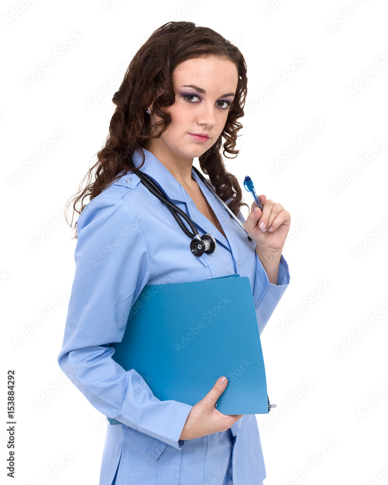 Pensive woman doctor or nurse with copy space for text. Caucasian female model isolated over white background. Pensive woman doctor or nurse with copy space for text. Caucasian female model isolated over white background.