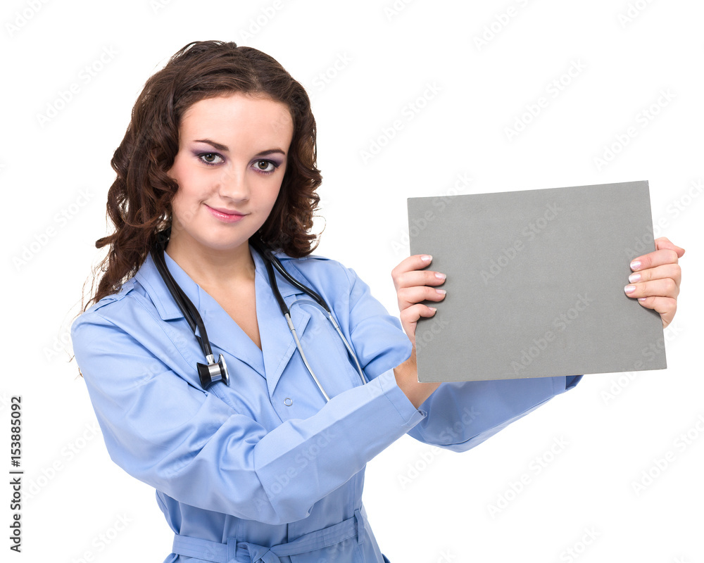 Young woman doctor showing empty blank clipboard sign with copy space Young woman doctor showing empty blank clipboard sign with copy space