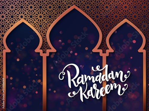 vector illustration of hand lettering greetings text - ramadan kareem with shiny lights and arabic arch