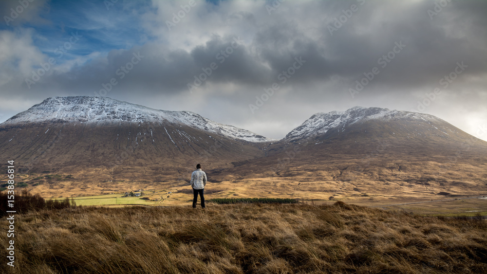 Man Viewing the Scottish Highland Mountains