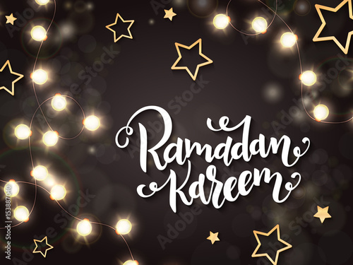 vector illustration of hand lettering greetings text - ramadan kareem with shining lights, bulbs and gold stars