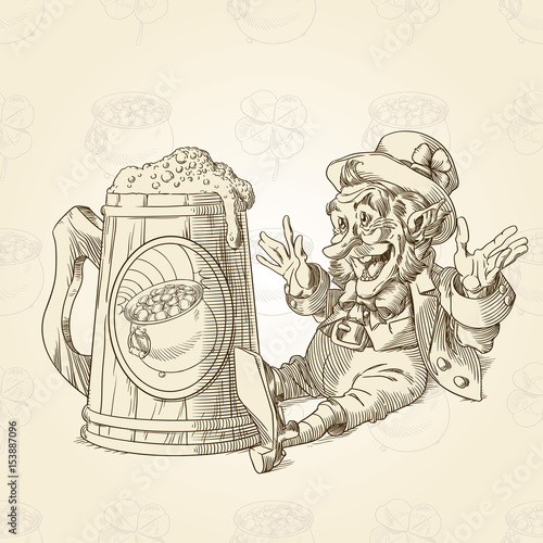Happy leprechaun and big mug of beer