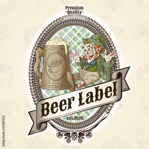 Vintage vector template of beer label with Leprechaun and beer mug