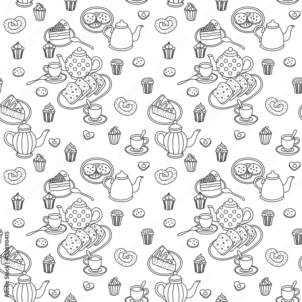 Sweets, teapots and bakery hand drawn pattern. One color. Vector seamless background.