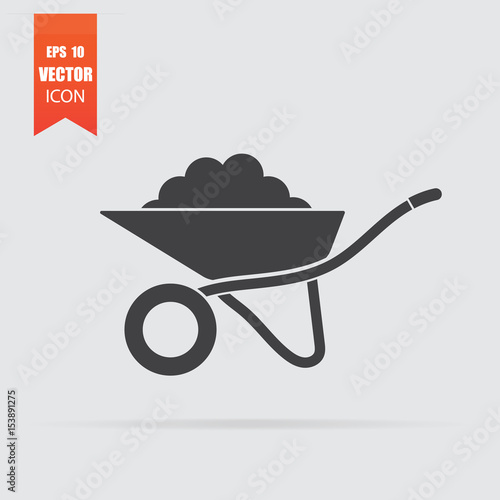 Wheelbarrow icon in flat style isolated on grey background.