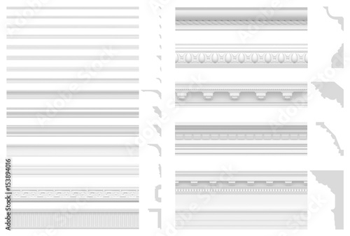 Set of cornices and friezes isolated on white background. 3D visualization of gypsum stucco. Seamless texture of classic white plinth. photo
