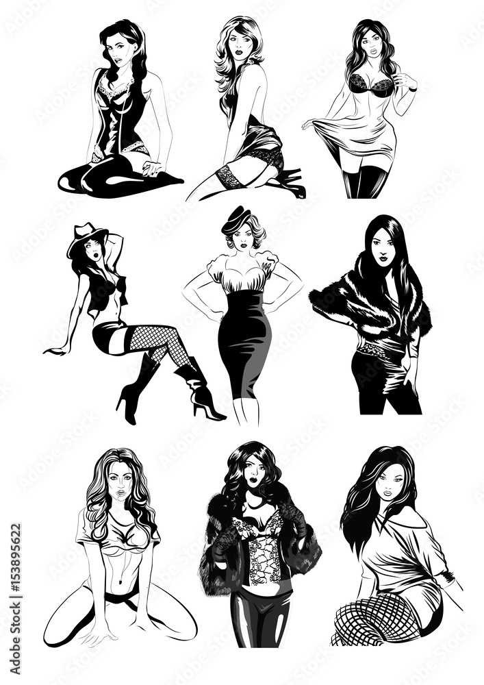 Sketch pen, sexy beautiful girls in different poses. Vector illustration  Stock Vector | Adobe Stock