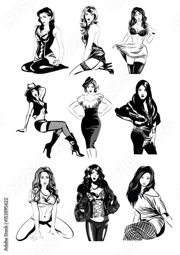 Sketch pen, sexy beautiful girls in different poses. Vector illustration
