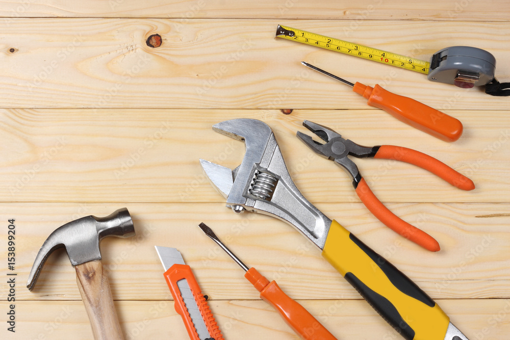industrial tools on light wooden background with copy space. top view. tools texture. tools background industrial tools on light wooden background with copy space. top view. tools texture. tools background