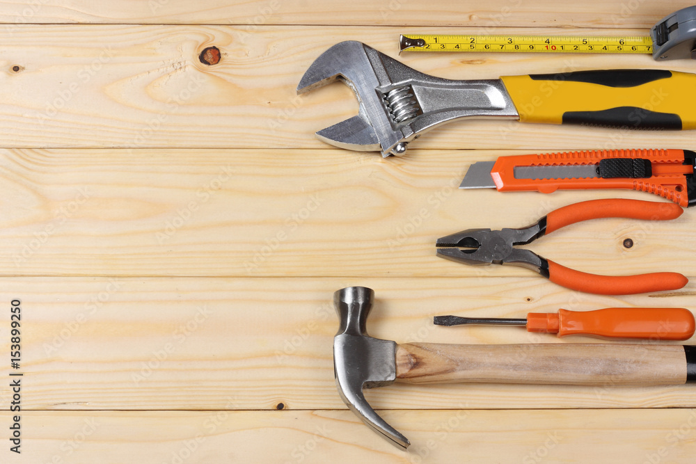 industrial tools on light wooden background with copy space. top view. tools texture. tools background industrial tools on light wooden background with copy space. top view. tools texture. tools background