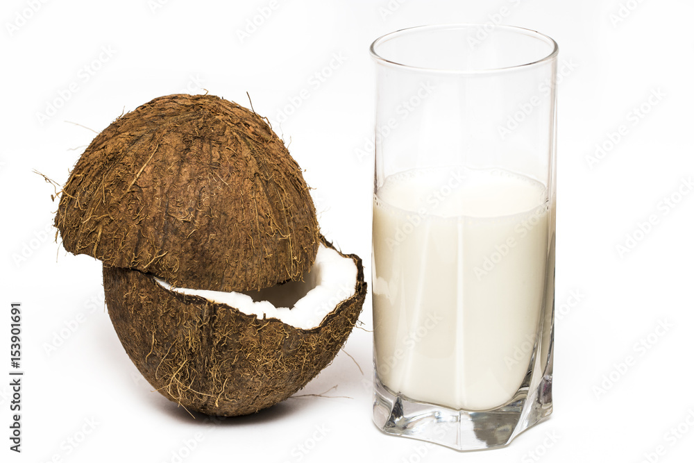 Coconut milk and coconut isolated on white Coconut milk and coconut isolated on white