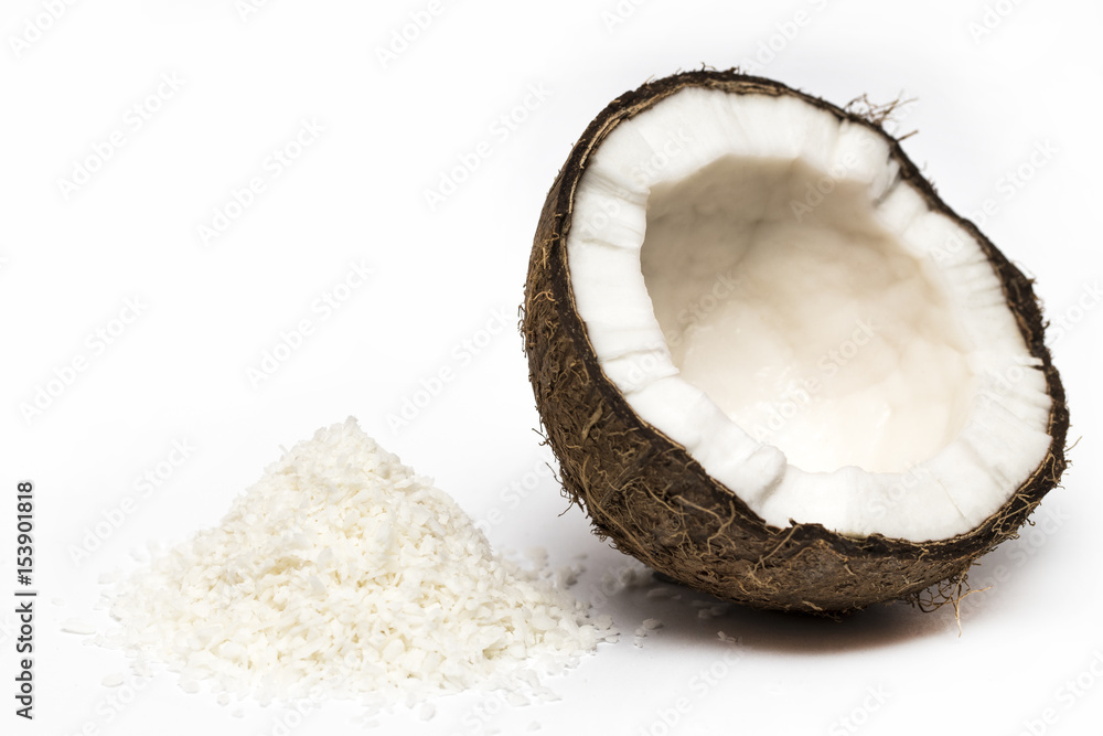 coconuts with coconuts flakes isolated on the white background coconuts with coconuts flakes isolated on the white background