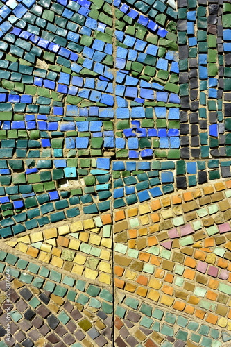 Background of ceramic Soviet mosaic. 1960s. A wall with a textured surface.  Korolev, Moscow region