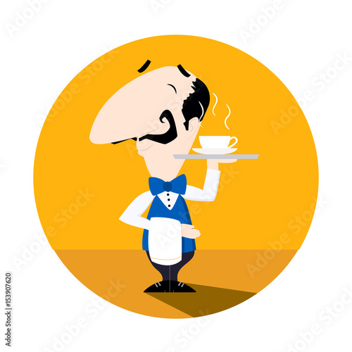 Waiter serving a cup of hot coffee or tea flat vector illustration fun cartoon styl