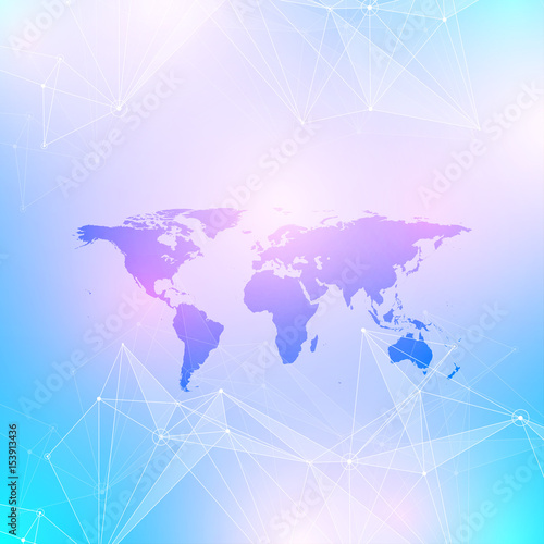 Geometric graphic background communication. Big data complex with Political World Map. Particle compounds. Network connection, lines plexus. Minimalistic chaotic design, vector illustration.