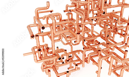Copper pipeline chaos on white background - 3D illustration