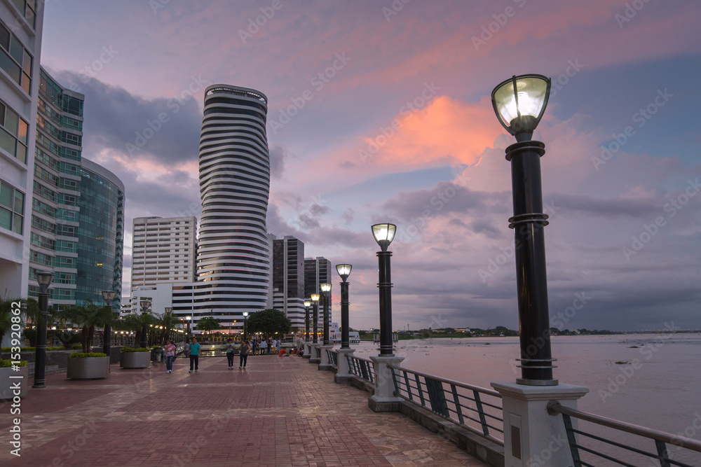 View of the Malecon and the Guayas River in Guayaquil, Ecuador - obrazy, fototapety, plakaty 