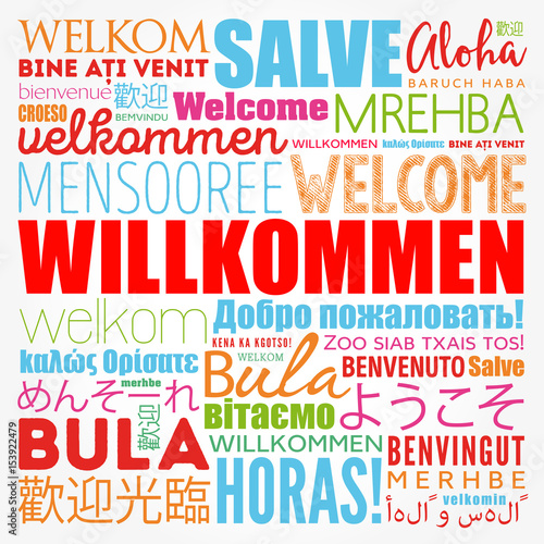 Willkommen (Welcome in German) word cloud in different languages, conceptual background