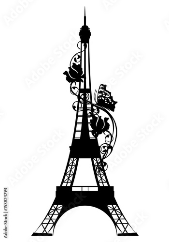 eiffel tower among rose flowers and butterfly - black vector silhouette of french capital symbol