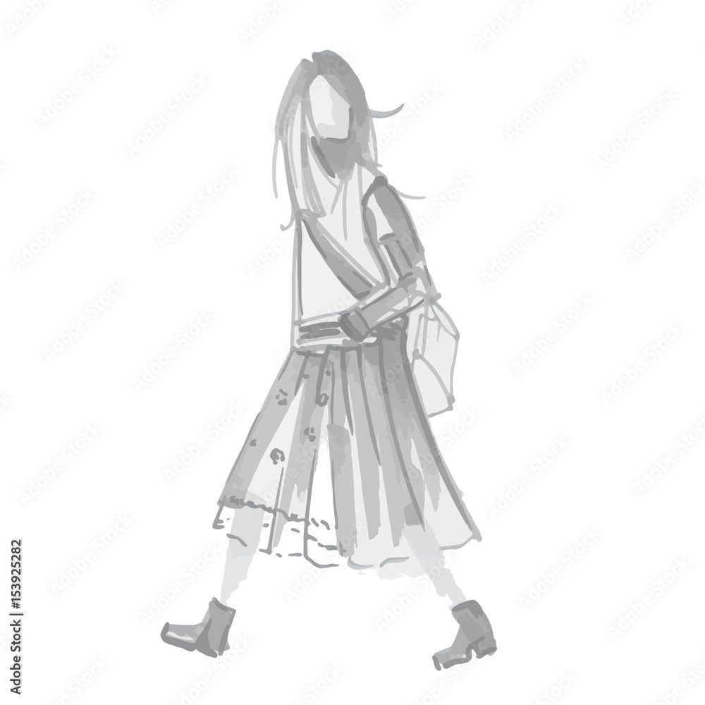 Sketch Silhouette of Hipster Girl with Long Hair in Midi Skirt with Postman Bag. Fashion Vector Illustration Sketch Silhouette of Hipster Girl with Long Hair in Midi Skirt with Postman Bag. Fashion Vector Illustration