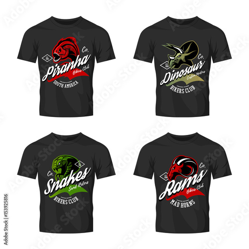 Vintage furious piranha, ram, snake and dinosaur bikers club tee print vector design on t-shirt mockup. 
Street wear t-shirt emblem set. Premium quality wild animal mascot logo concept illustration.