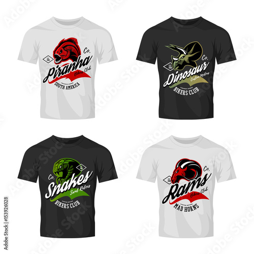 Vintage furious piranha, ram, snake and dinosaur bikers club tee print vector design on t-shirt mockup. 
Street wear t-shirt emblem set. Premium quality wild animal mascot logo concept illustration.