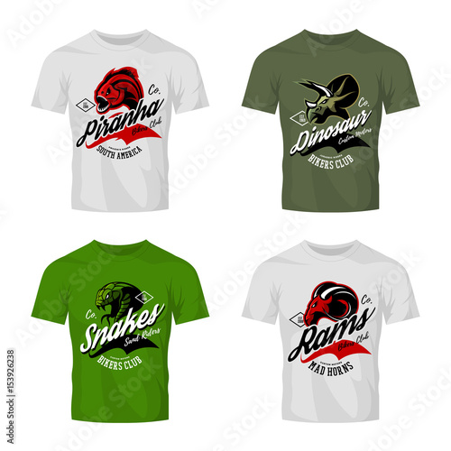 Vintage furious piranha, ram, snake and dinosaur bikers club tee print vector design on t-shirt mockup. 
Street wear t-shirt emblem set. Premium quality wild animal mascot logo concept illustration.