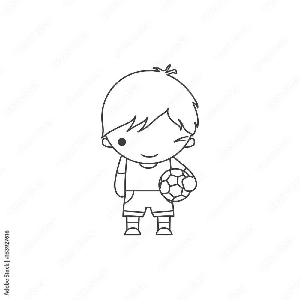 Linear Cute cartoon winking little boy with a soccer ball in his hands Linear Cute cartoon winking little boy with a soccer ball in his hands