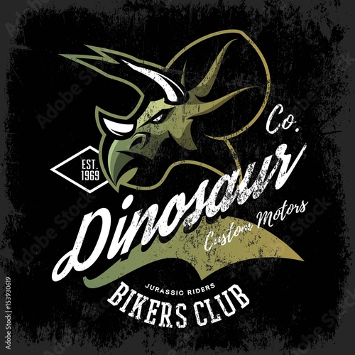 Vintage American furious dinosaur bikers club tee print vector design. Savage monster street wear t-shirt emblem. 
Premium quality wild reptile superior mascot logo concept illustration.