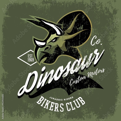 Vintage American furious dinosaur bikers club tee print vector design. Savage monster street wear t-shirt emblem. 
Premium quality wild reptile superior mascot logo concept illustration.