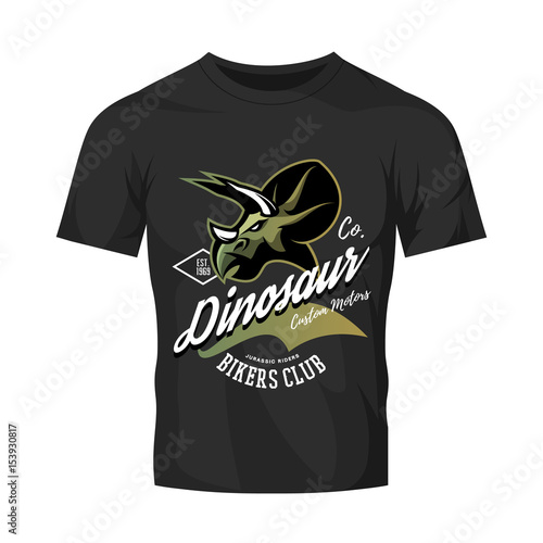 Vintage American furious dinosaur bikers club tee print vector design isolated on black t-shirt mockup.Premium quality wild reptile superior mascot logo concept illustration.
