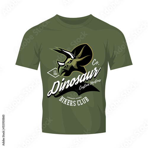 Vintage American furious dinosaur bikers club tee print vector design isolated on khaki t-shirt mockup.Premium quality wild reptile superior mascot logo concept illustration.