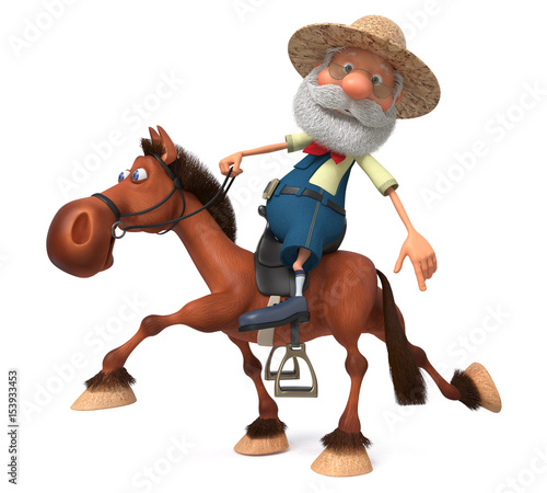 Fototapeta Naklejka Na Ścianę i Meble -  3d illustration an elderly farmer riding a horse