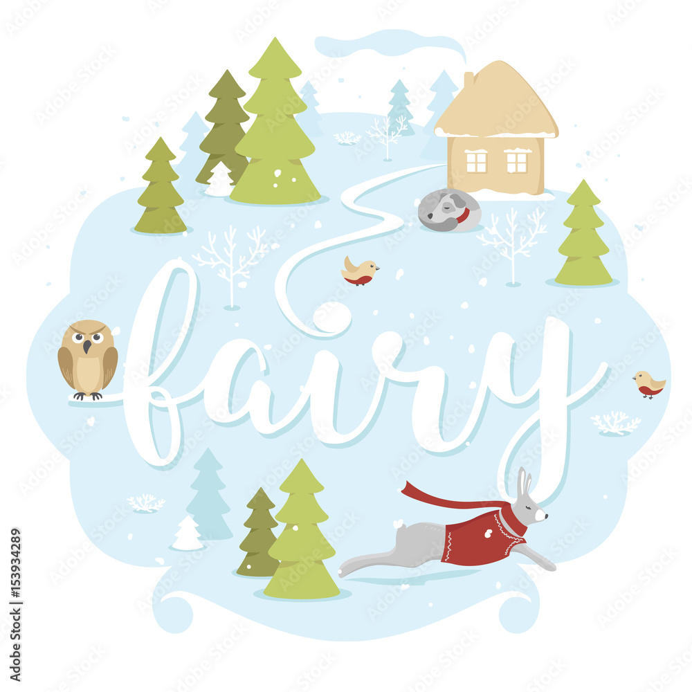 Fairytale winter landscape with animals on blue background