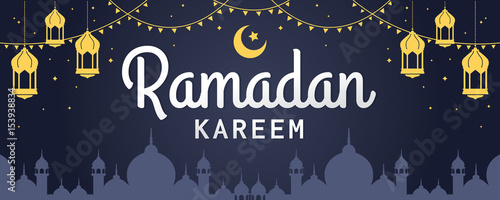 Ramadan Kareem horizontal vector banner, text in middle with lantern and Mosque. Ramadan Kareem ads, flyer, invitation, greeting card. Islamic background. photo