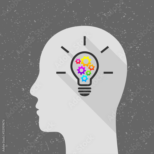 Light bulb with colorful gears and human head as thinking and creativity concept. Flat design with long shadow. 