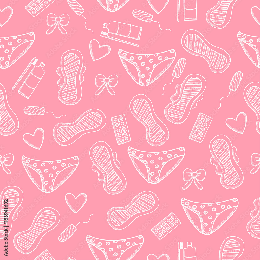 Female hygiene items. Seamless pattern with pads, panties, tampons, tablets, bow,  toothpaste and hearts.