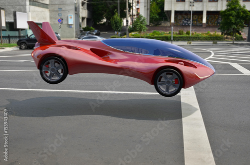 Red Air Vehicle At The Parking Lot, Urban Flying Car 3d Concept, Futuristic Vehicle, Air Car Concept - 3D Rendering