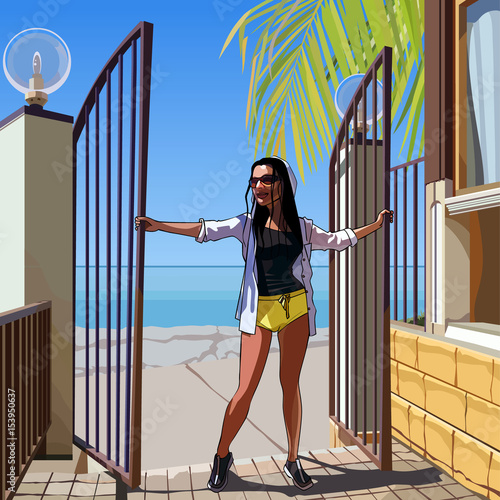 cartoon woman opens the gate on a tropical beach