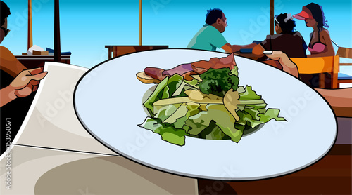 painted dish of salad and meat served in a cafe