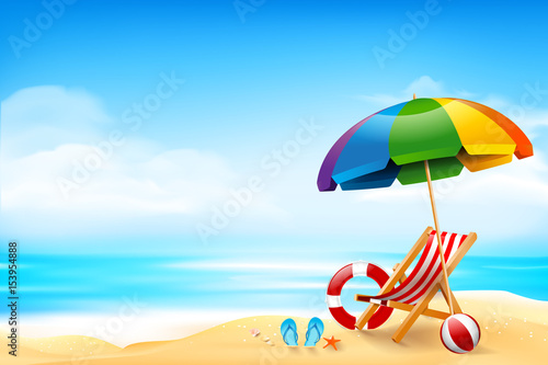 The chair ball starfish and life ring on the beach over blur blue sky background  for summer vacation concept vector illustration photo