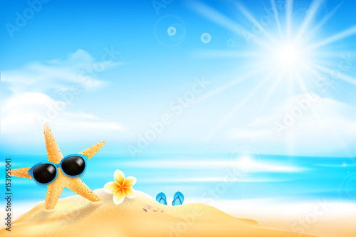 The starfish is wearing sunglasses and flower on the beach over blur blue sky background with sunlight and flare element for summer vacation concept