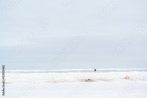 lonely tourist seashore white cold winter day