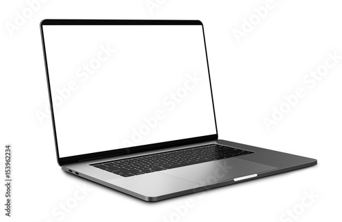 Laptop with blank screen isolated on white background, dark aluminium body. Whole in focus. High detailed.